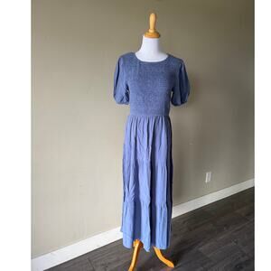 Zesica Blue Smocked Short Sleeved Tiered Midi/Maxi Dress Sz M Boho Cottagecore